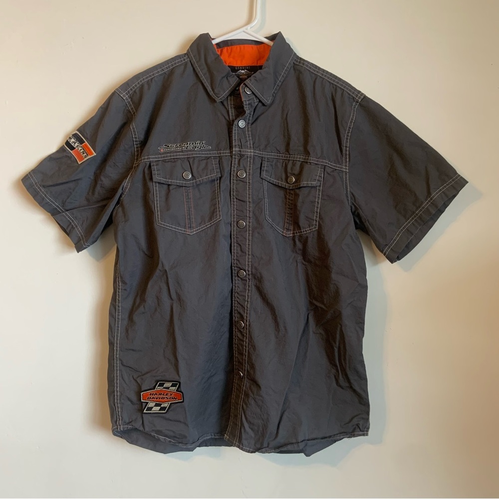 Harley Davidson Racing Shirt M Screamin Eagle Embroidered Cotton Metal Buttons
